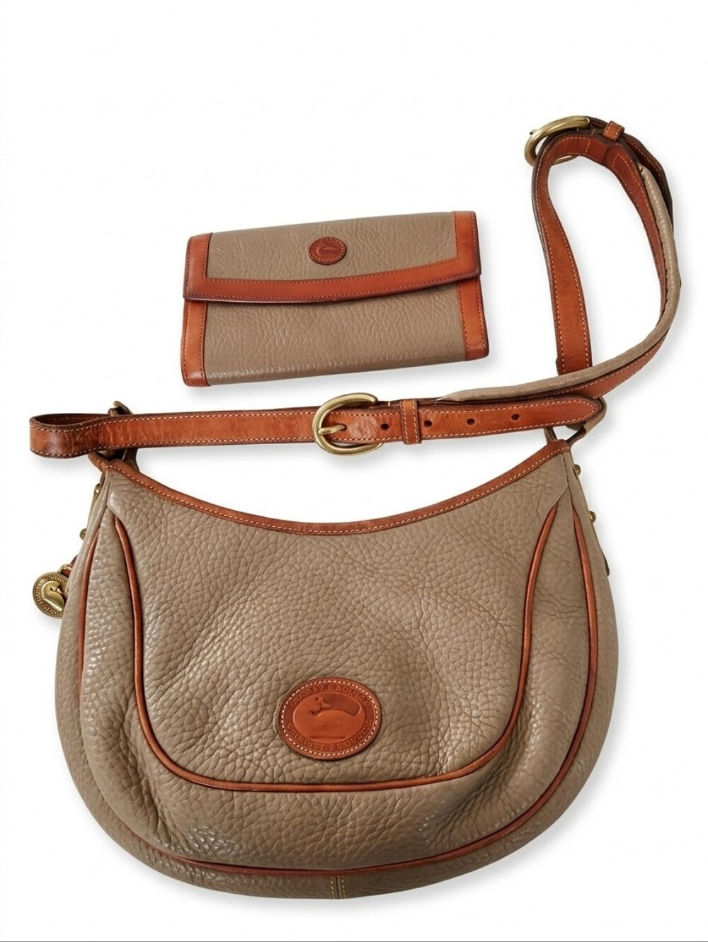 Vintage Dooney & Bourke Tan And Brown Pebbled Leather Hobo Bag + Matching Wallet